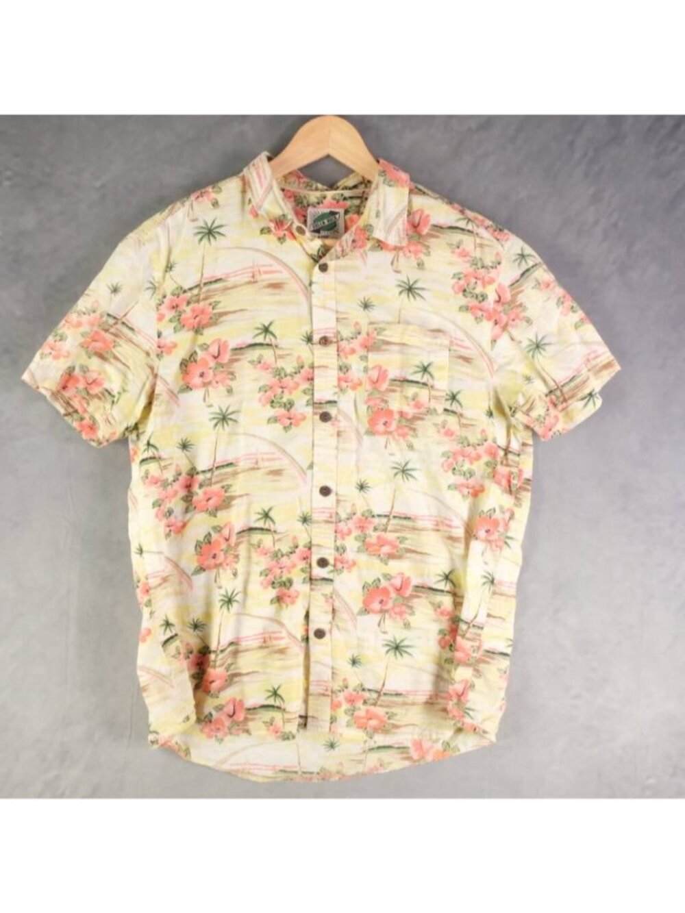 Green Rock Shirt Mens L Yellow Floral Hawaiian Cotton Hand Printed Bali